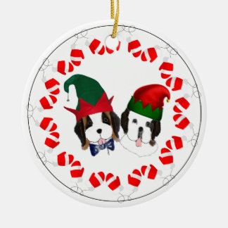 Ceramic Ornament with St. Bernard Elves