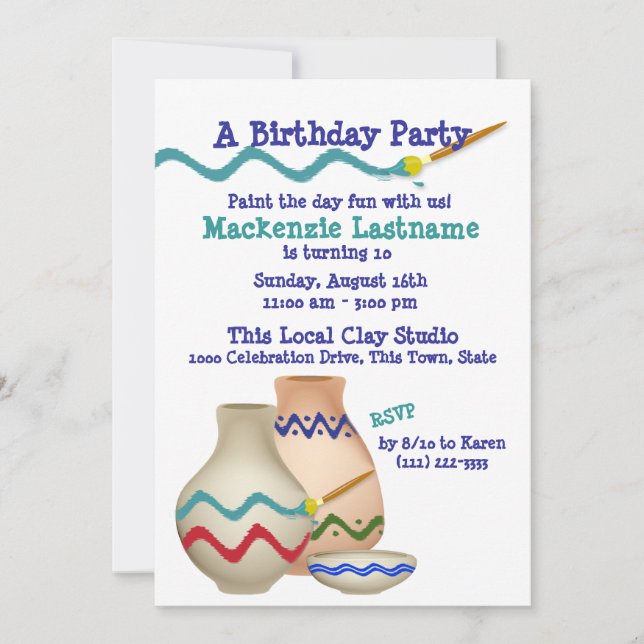 Ceramic Painting Birthday Party Invitation (Front)