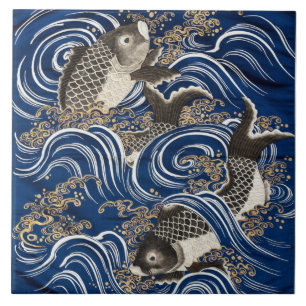 Ceramic Panel of Carp in waves - Fukusa - Japanese Tile