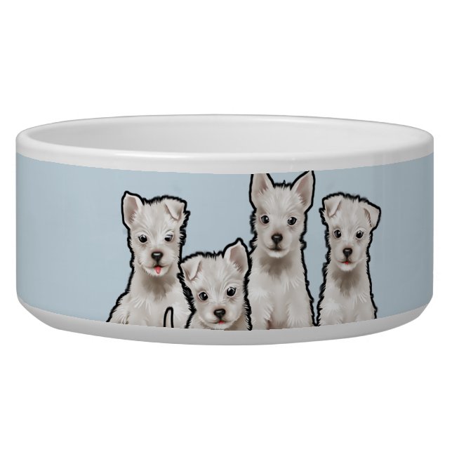 Ceramic pet bowl with 4 pups design. (Front)