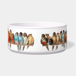 Ceramic pet bowl with a perch of birds  