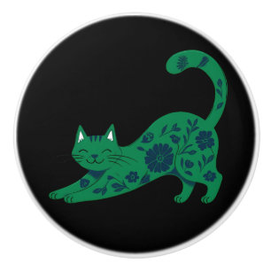 Ceramic Pull Green Floral Cat