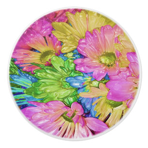 Ceramic Pull - Yellow Pink Green Blue Gold Daisies