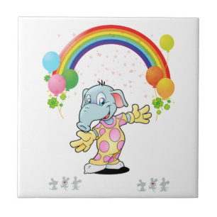 Ceramic Tile Blue Cute Happy Elephant Mice Rainbow