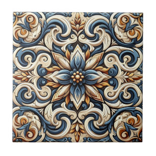Ceramic Tile - Blue, Gold and White Design