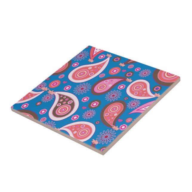 Ceramic Tile Blue Pink Paisley Pink Pigs (Side)