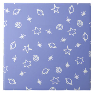 Ceramic Tile Blue Space Doodle Stars Planets