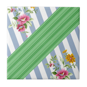 Ceramic Tile Blue Stripe Floral