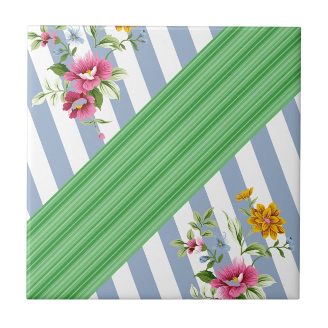 Ceramic Tile  Blue Stripe Floral (Front)