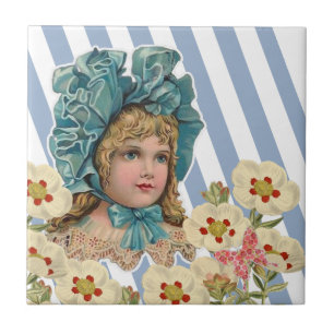 Ceramic Tile  Blue Stripe Vintage Floral