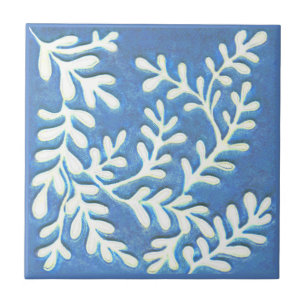 Ceramic tile, Blue & white leaves Tile