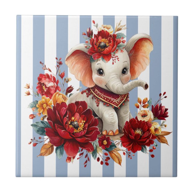 Ceramic Tile Blue & White Stripe Floral Elephant  (Front)