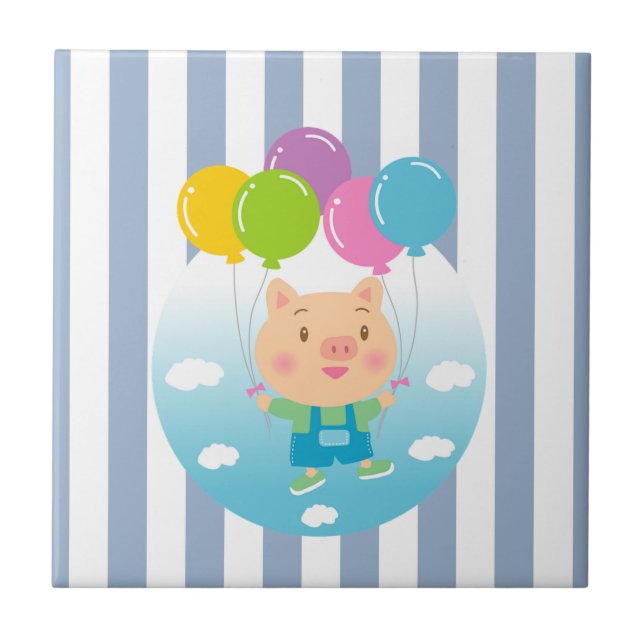 Ceramic Tile Blue & White Stripe Pig Balloons (Front)