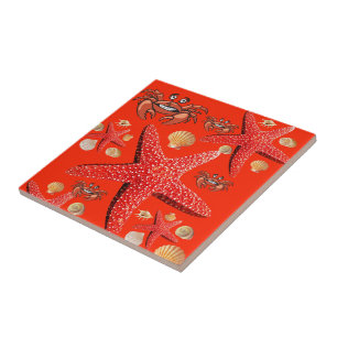 Ceramic Tile Crabs, Starfish, Orange