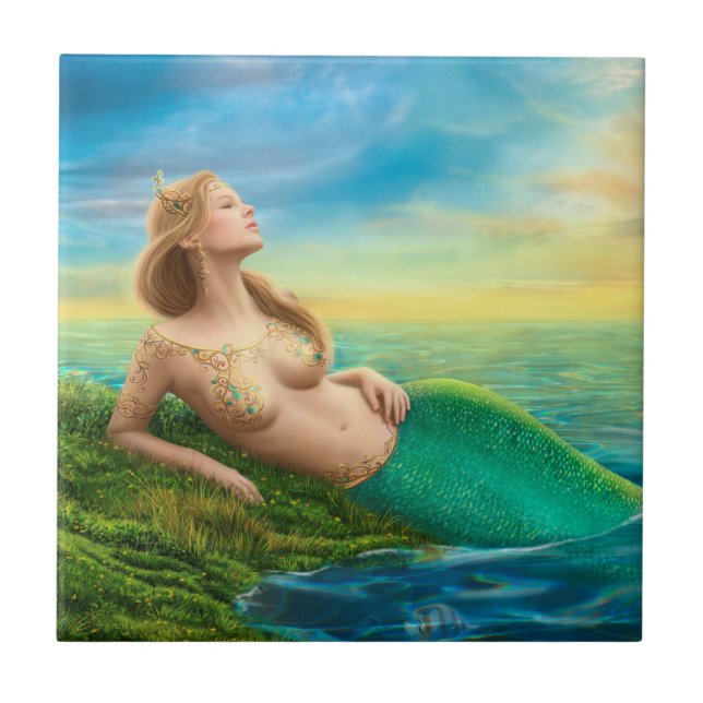 Ceramic  Tile fantasy mermaid at sunset (Front)