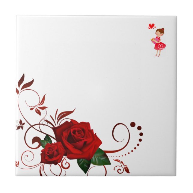 Ceramic Tile Floral Red Rose Hearts (Front)