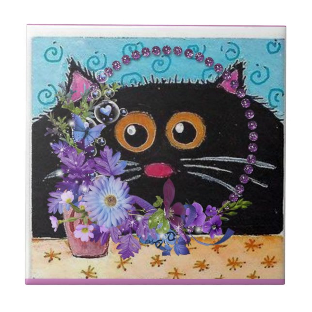 Ceramic Tile Floral Whimsical Cat (Front)