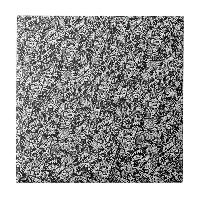 Ceramic Tile Flowers Art Abstract Black and White (Front)