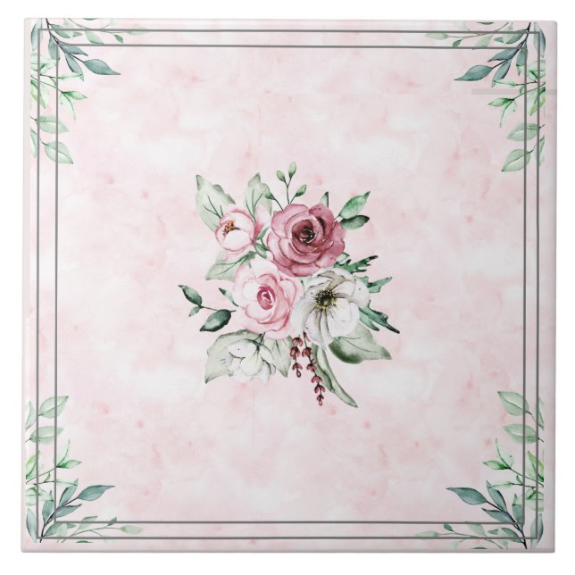Ceramic Tile Flowers Pink & Greys (Front)