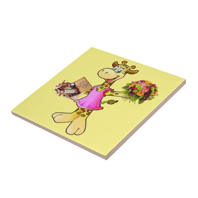 Ceramic Tile Giraffe, Floral, Chocolate, Yellow (Side)