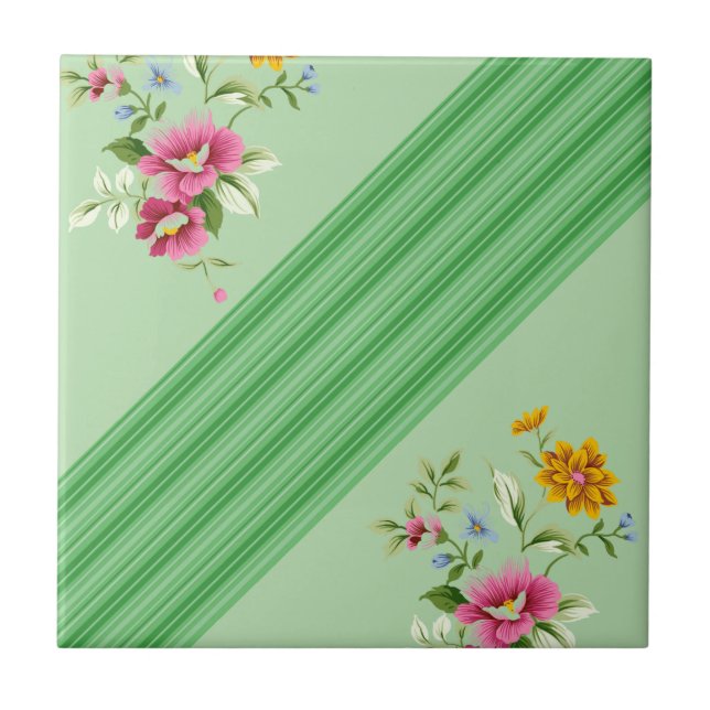 Ceramic Tile Green Stripe Floral (Front)