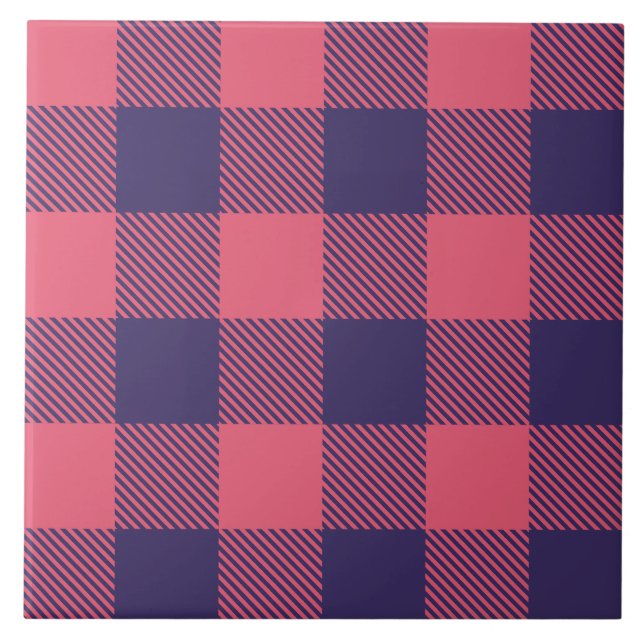 Ceramic Tile Hot Pink Magenta Indigo Buffalo Plaid (Front)