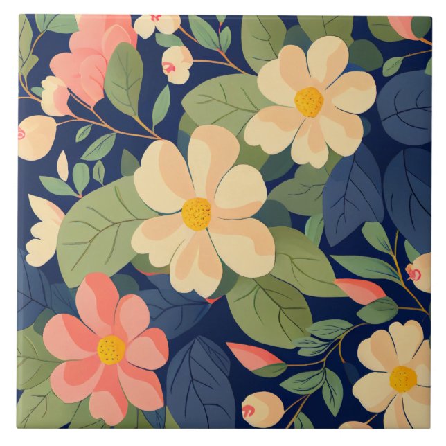 Ceramic Tile Navy Peach Pink Floral Botanical (Front)