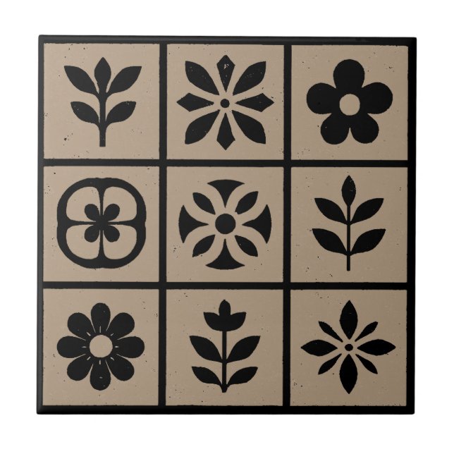 Ceramic Tile Of Retro Boho Floral | Warm Brownish  (Front)
