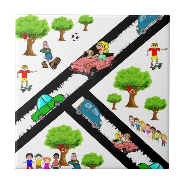 Ceramic Tile Park Kids Trees Dog Cars (Front)