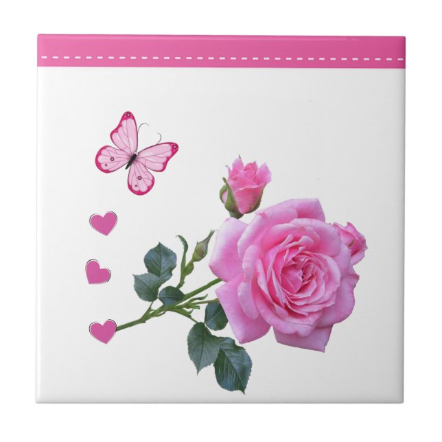 Ceramic Tile Pink Rose Floral Butterfly Hearts (Front)