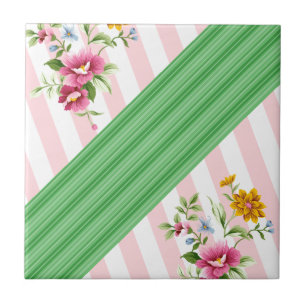Ceramic Tile Pink Stripe Floral