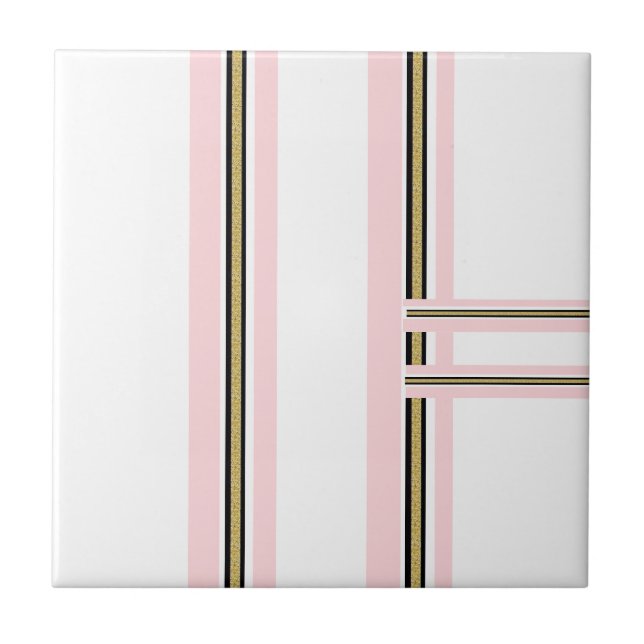 Ceramic Tile Pink & White Gold Black Stripe  (Front)