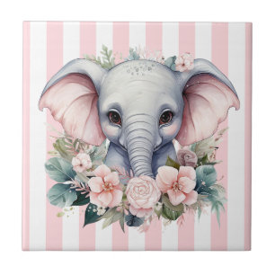 Ceramic Tile Pink & White Stripe Floral Elephant