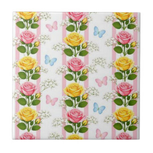 Ceramic Tile Pink & Yellow Roses Floral Stripe