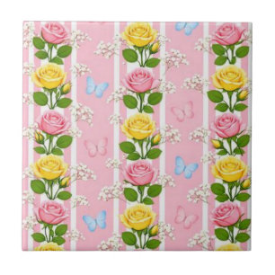 Ceramic Tile Pink & Yellow Roses Stripe Floral