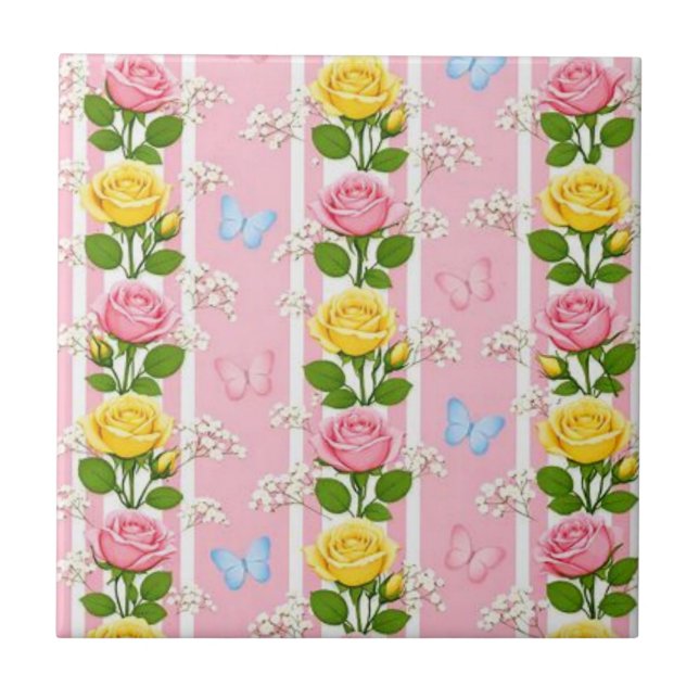 Ceramic Tile Pink & Yellow Roses Stripe Floral (Front)