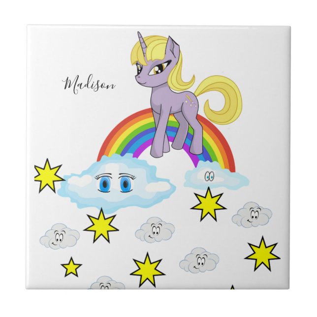 Ceramic Tile Purple Pony Rainbow Happy Clouds (Front)