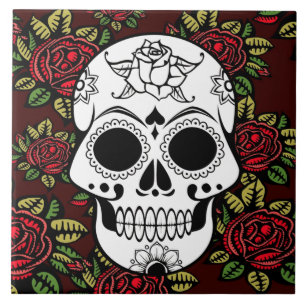 ceramic tile Retro art red roses  sugar skull