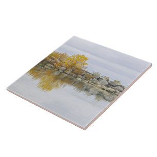 CERAMIC TILE/ROCK WALL & GOLDEN TREE REFLECTED IN TILE