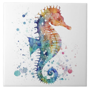 Ceramic Tile - Seahorse Blue Orange Watercolours