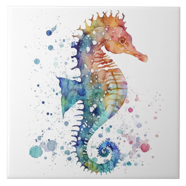 Ceramic Tile - Seahorse Blue Orange Watercolours (Front)