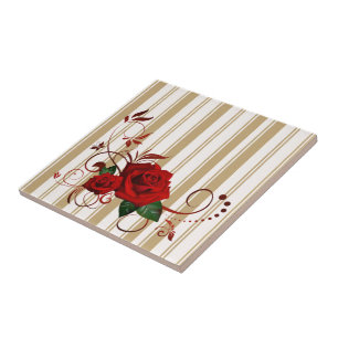 Ceramic Tile Stripe Beige & White Stripe Red Rose