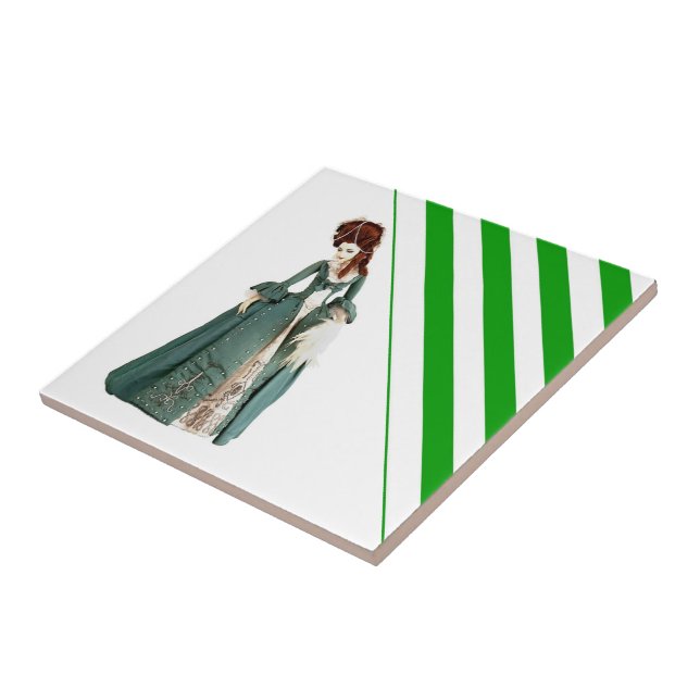 Ceramic Tile Stripe Green & White Stripe Vintage  (Side)