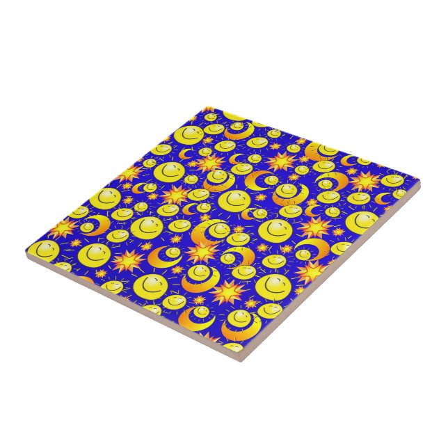 Ceramic Tile Sun Moon Orange Yellow Stars Blue (Side)