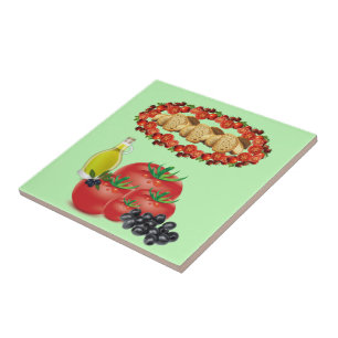 Ceramic Tile Tomato, Olive Oil, Olives, Bread