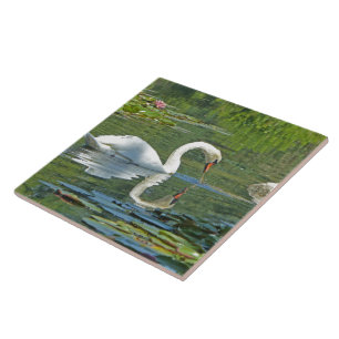 CERAMIC TILE/TRIVET, "SWAN ON LILY POND" TILE