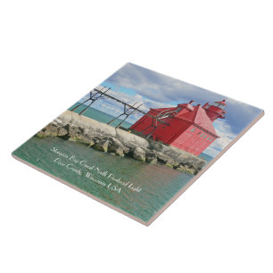 CERAMIC TILE/TRIVET WITH RED LIGHTHOUSE AND PIER TILE