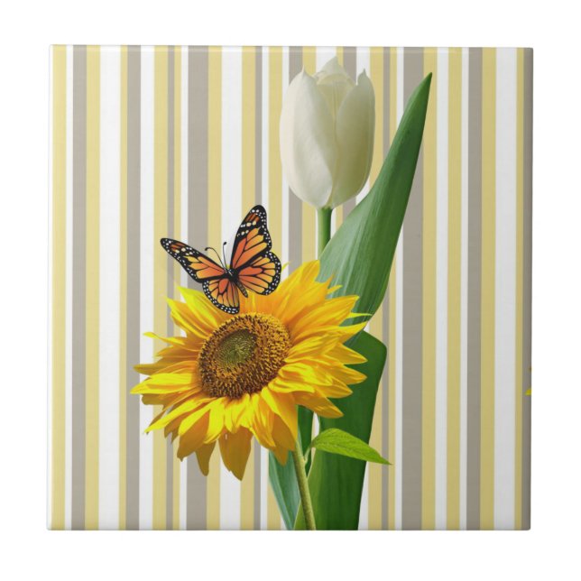 Ceramic Tile Tulips Butterfly Sunflower Floral (Front)