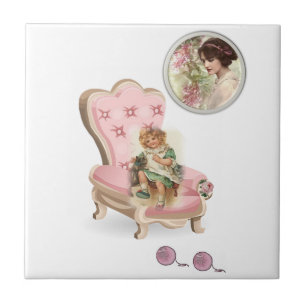 Ceramic Tile Vintage Girl Woman Cat Floral