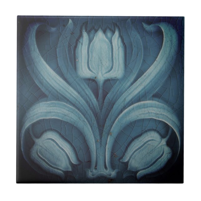 Ceramic Tile Vintage Pale Blue Tulips Art Nouveau  (Front)